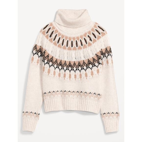 Old Navy Cozy Fair Isle Cable Knit Turtleneck Sweater Cream Neutral sz L - Picture 3 of 5